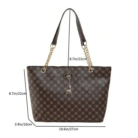 ⚠️Clearance Brown Patterned Large Tote Shoulder Bag Gold Pendant - Picture 8 of 11